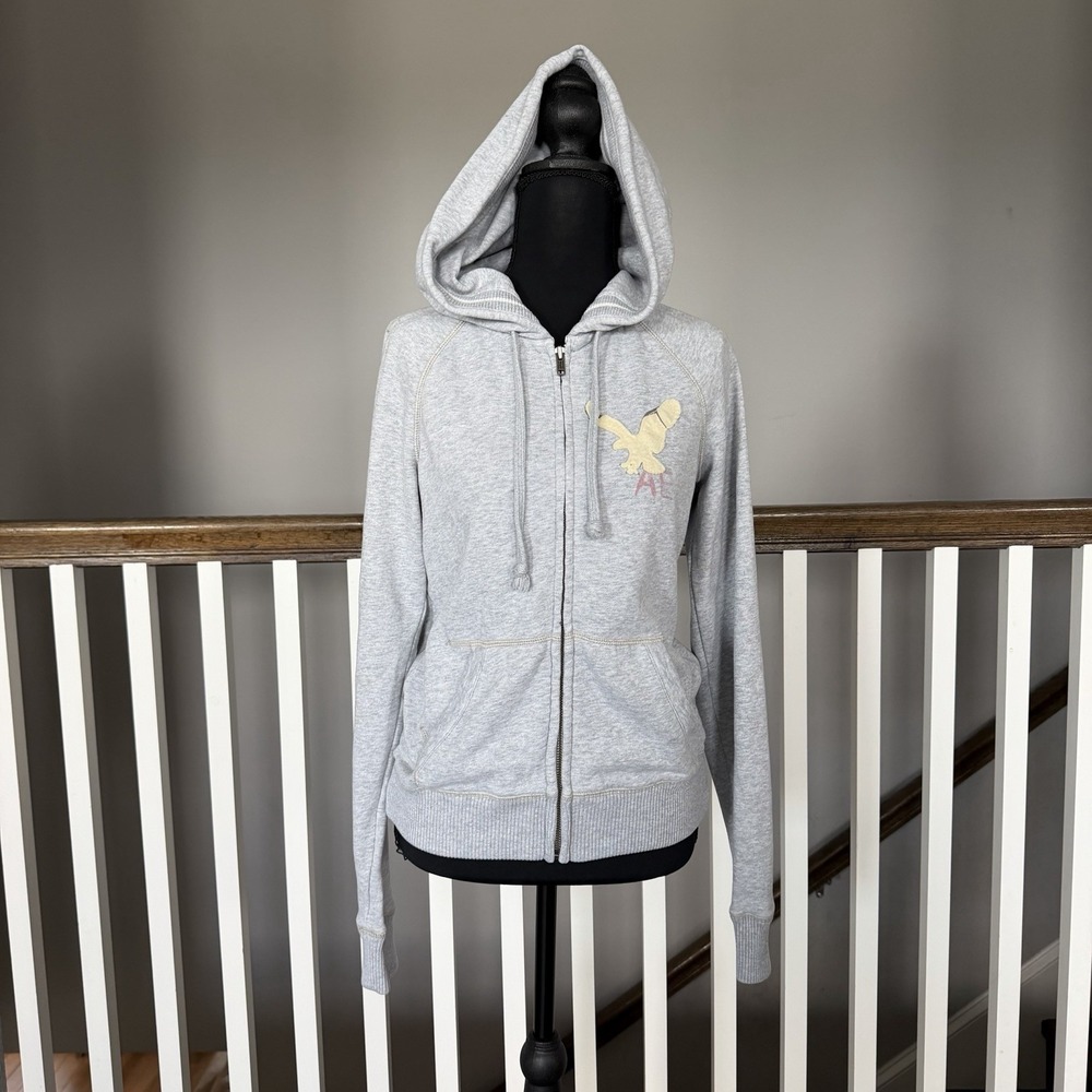 Vintage American Eagle Womens S Hoodie Full Zip Y2k 90s Logo Gray Preppy AEO